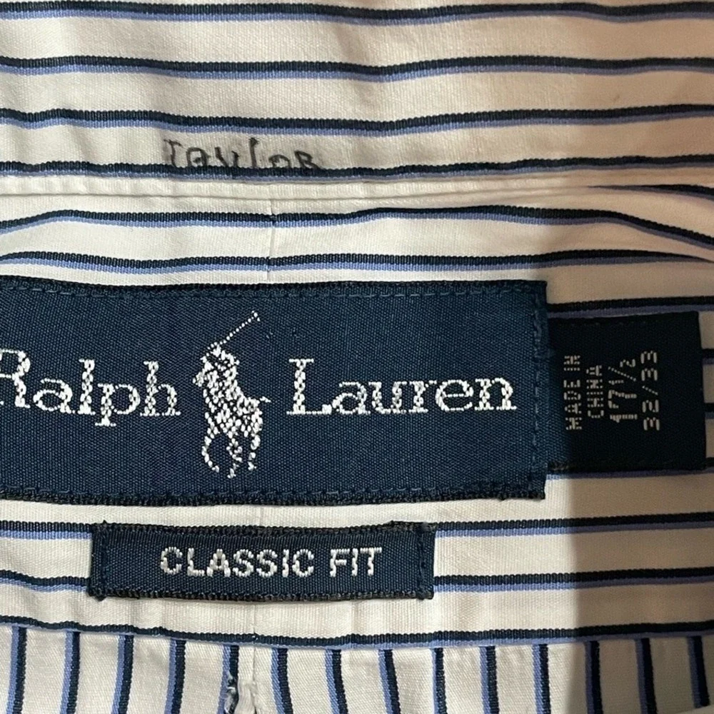 Polo Ralph Lauren Shirt Mens 17.5‎ Striped Blue/White Classic Fit Dress *READ*